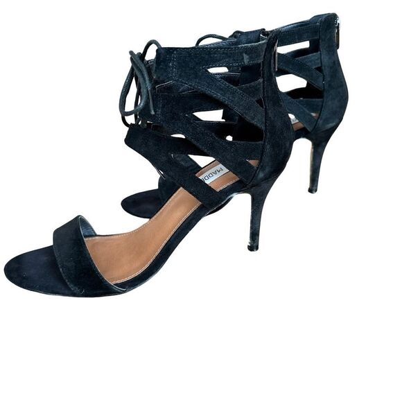 Steve Madden Strappy Black Suede Open Toe Heel Shoes Size 8 - Picture 12 of 12